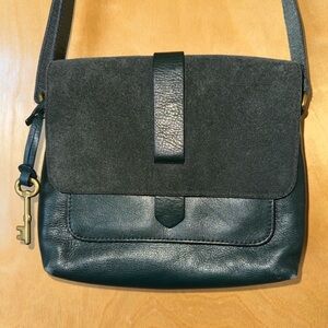 Fossil Dark Green Leather and Suede Crossbody Bag